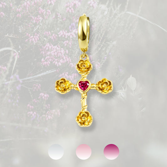 Orecchino a cerchietto liscio con Croce con roselline e Zirconia Cubica, placcato in oro 18k