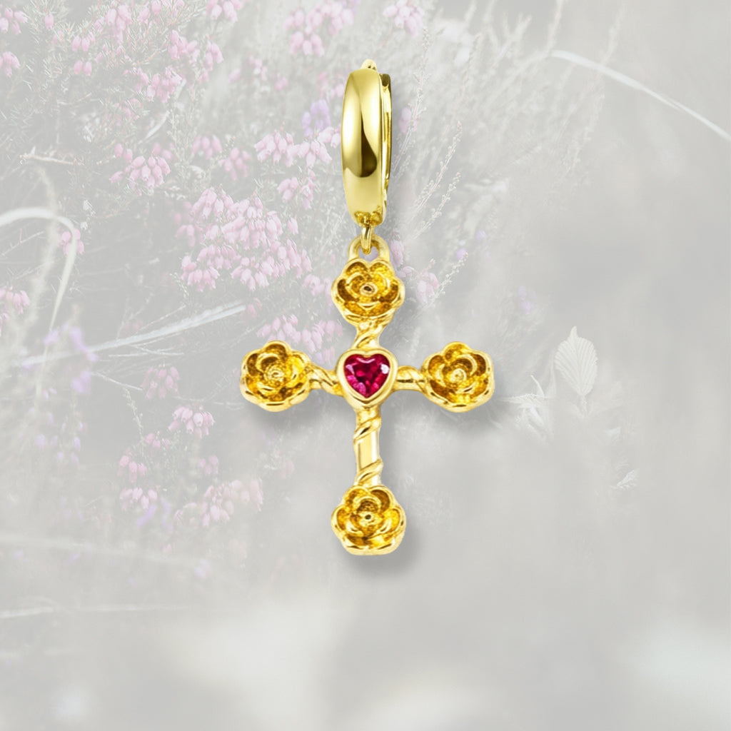 Orecchino a cerchietto liscio con Croce con roselline e Zirconia Cubica, placcato in oro 18k