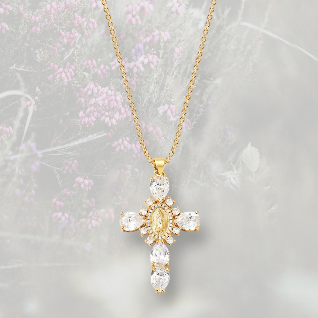 Collana con Croce pendente misura grande, con Zirconia Cubica placcata in oro 18k o platino