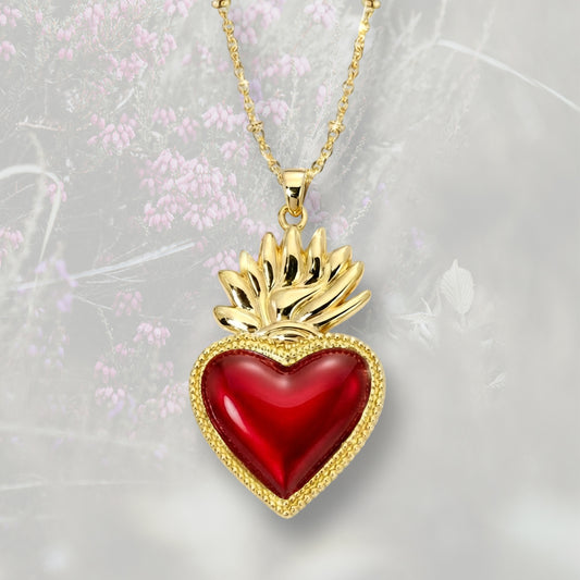 Collana pendente Cuore Sacro grande / Ex Voto placcata in oro 18k e smalto rosso
