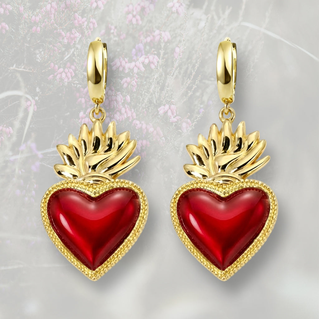 Orecchini a cerchietto con Cuore Sacro / Ex Voto pententi, placcati in oro 18k e smalto rosso
