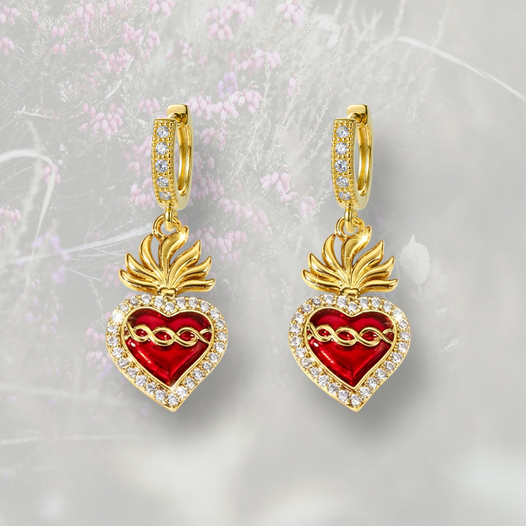 Orecchini a cerchietto con ciondolino Cuore Sacro / Ex Voto placcati in oro 18k e smalto rosso con contorno in Zirconia Cubica