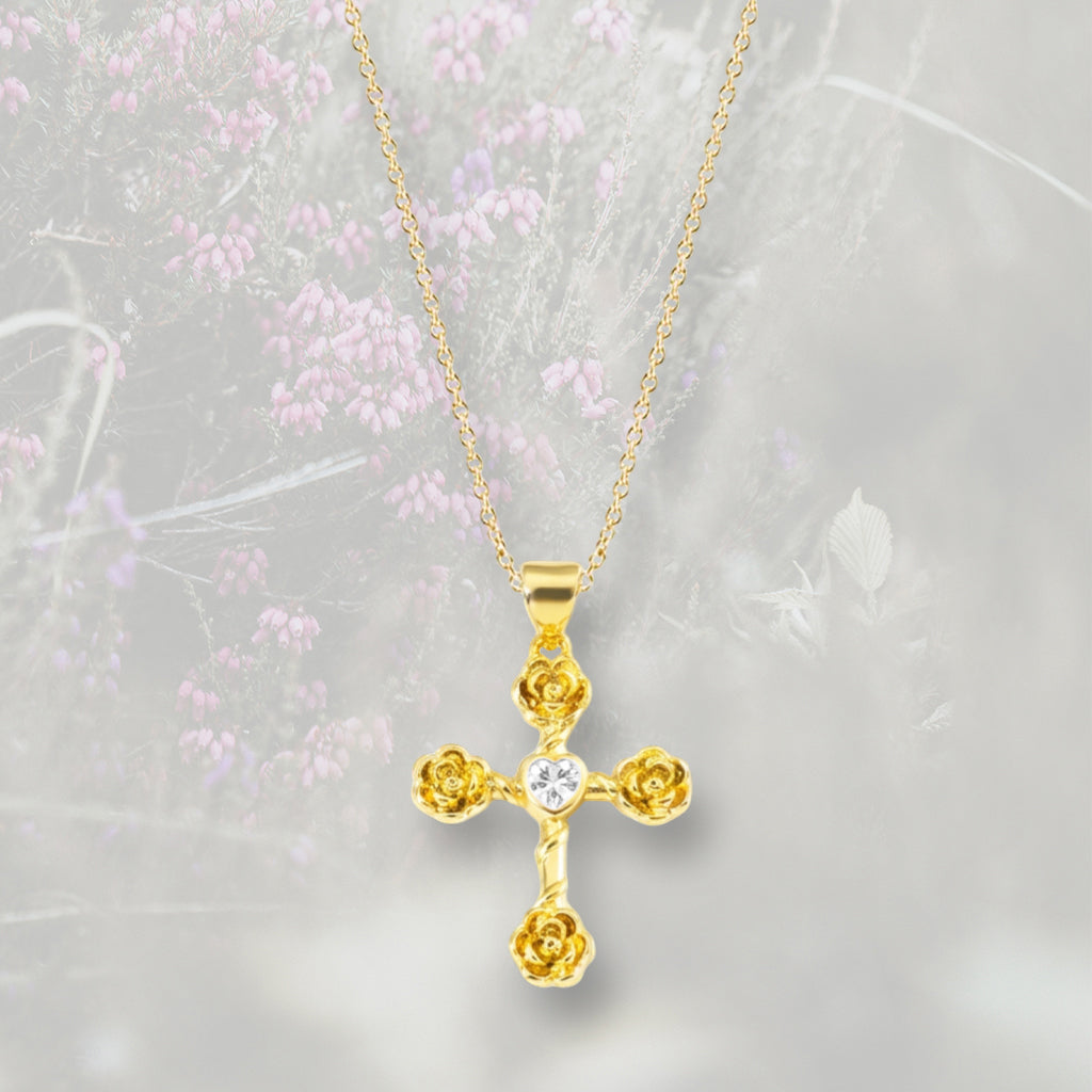 Ciondolo Croce con rose con Zirconia Cubica placcato in oro 18k