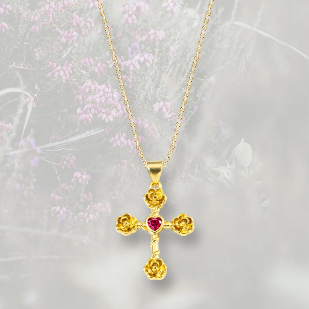 Ciondolo Croce con rose con Zirconia Cubica placcato in oro 18k