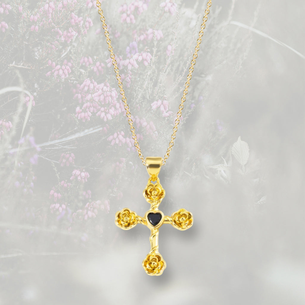 Ciondolo Croce con rose con Zirconia Cubica placcato in oro 18k