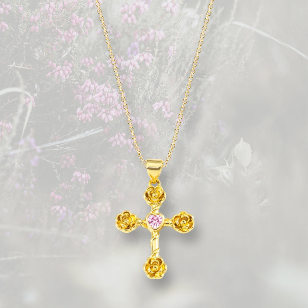 Ciondolo Croce con rose con Zirconia Cubica placcato in oro 18k