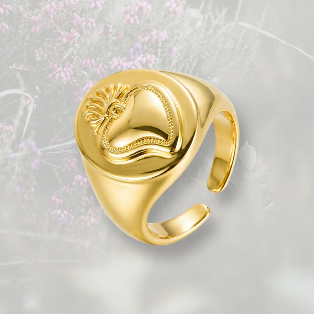 Anello Sigillo con Cuore Sacro / Ex Voto placcato in oro 18k o platino
