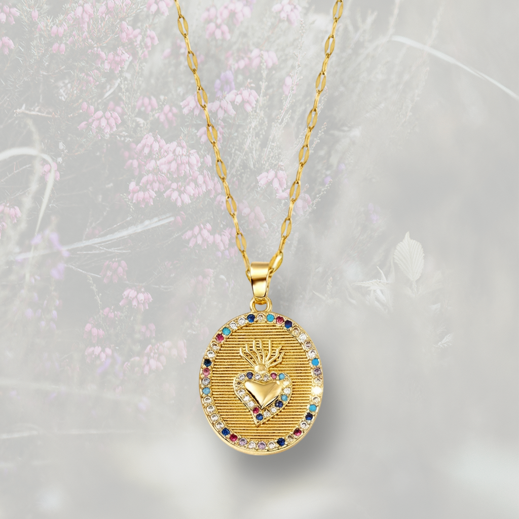 Collana con medaglietta con Cuore Sacro / Ex Voto placcata in oro 18k, con Zirconia Cubica bianca o multicolor