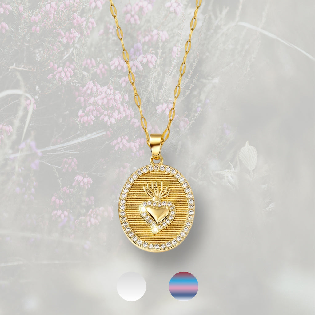 Collana con medaglietta con Cuore Sacro / Ex Voto placcata in oro 18k, con Zirconia Cubica bianca o multicolor