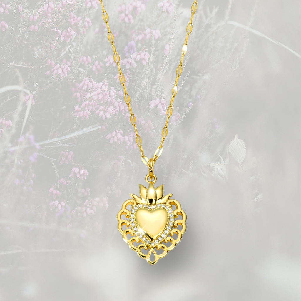 Collana pendente Cuore Sacro / Ex Voto placcata in oro 18k con contorno in Zirconia Cubica